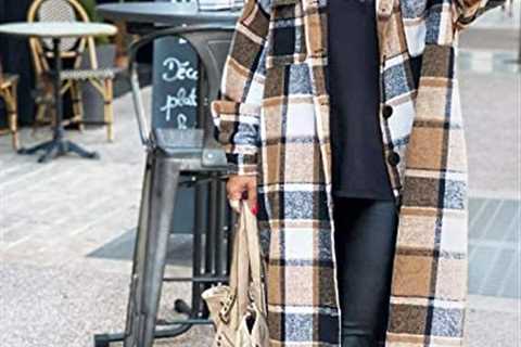 Omoone Women’s Lounge Lapel Button Up Long Sleeve Plaid Long Shirt Jacket Shacket