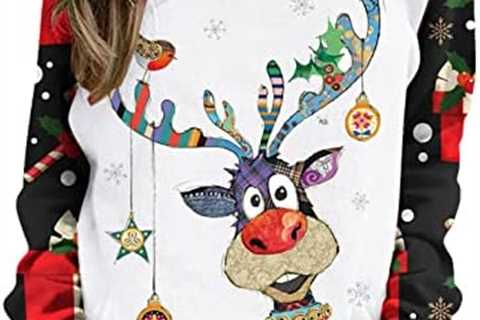 Christmas Sweatshirts for Women Funny Cute Reindeer Print Long Sleeve Shirts Crewneck Pullover Tops ..