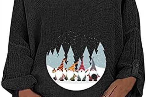 HUANKD Women’s Christmas Sweatshirts Casual Loose Print V-Neck Cotton Linen Long Sleeves Top Tops..