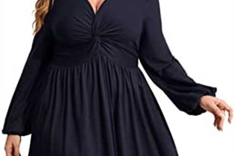 KOJOOIN Women’s Plus Size Dress Long Sleeve V Neck Front Knotted Elastic Elegant Dress Knee Length..