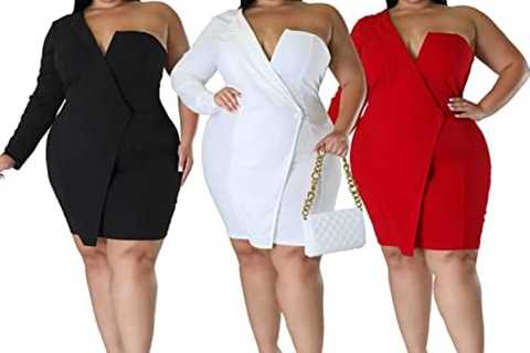 Ekaliy Women’s Plus Size V Neck One Shoulder Dress Ruched Long Sleeve Bodycon Party Pencil Mini..