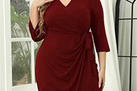 Nemidor Womens Plus Size 3/4 Sleeve Ruched Wrap Dress Casual Pleated Bodycon Midi Work Dress NEM348