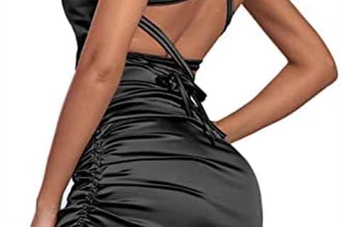 LYANER Women’s Satin Ruched Bodycon Spaghetti Strap Sexy Cocktail Mini Dress