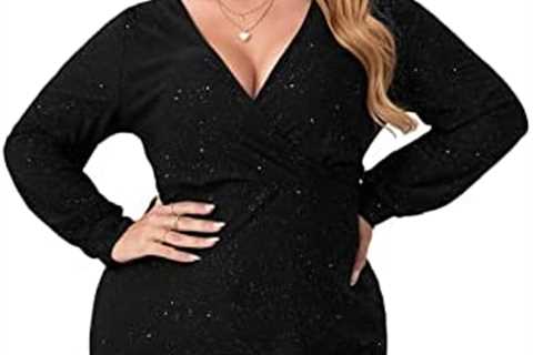 MakeMeChic Women’s Plus Size Long Sleeve Deep V Neck Glitter Wrap Bodycon Dress