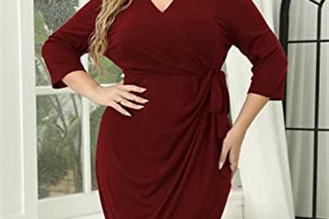 Nemidor Womens Plus Size 3/4 Sleeve Ruched Wrap Dress Casual Pleated Bodycon Midi Work Dress NEM348