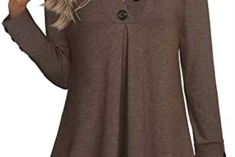 Women’s Long Sleeve Button V Neck Flowy Pleated Shirts Casual Tunic Tops Blouse