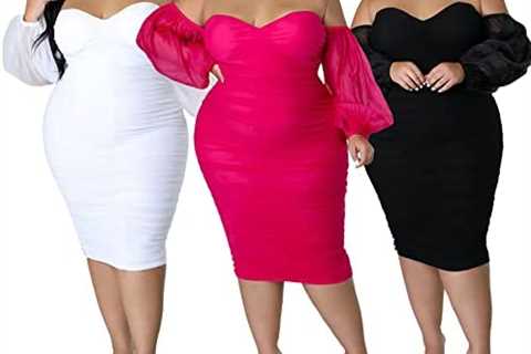 Women’s Plus Size Off Shoulder Mesh Puff Long Sleeve Bodycon Ruched Midi Party Cocktail Dress