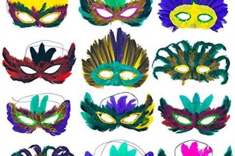 12 piece Mardi Gras Feather Mask Assortment – Feather Masquerade Half Party Masks