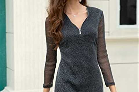 Curve Muse Women’s Glitter mesh V-Neck Long Sheer Sleeve Mini Party Dress