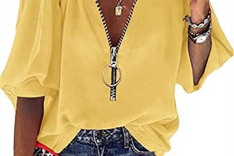 Cnkwei Womens V-Neck Lantern Sleeve Blouse Zipper Design Loose Casual Top Shirts