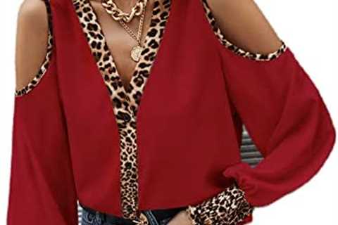 Romwe Women’s Leopard V Neck Cold Shoulder Tops Puff Sleeve Blouse Button Down Shirt Tops