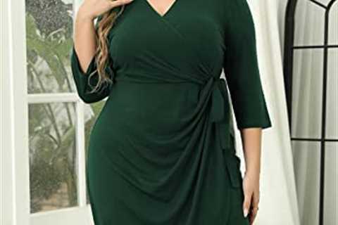 Nemidor Womens Plus Size 3/4 Sleeve Ruched Wrap Dress Casual Pleated Bodycon Midi Work Dress NEM348