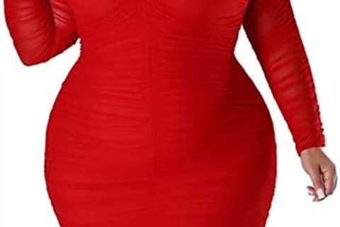 Ekaliy Women’s Plus Size Ruched Mini Dress Sexy Long Sleeves Bodycon Club Party Mesh Dresses