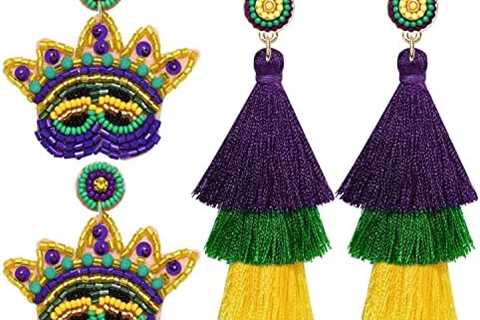 2 Pairs Mardi Gras Earrings for Women Beaded Glitter Mask MARDI GRAS Fleur de Lis Earrings Tassel..