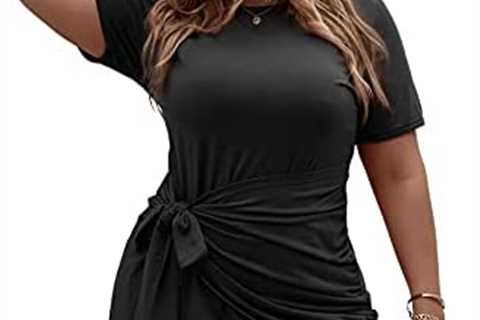 Romwe Women’s Plus Size Short Sleeve Tie Knot Front Solid Summer T Shirt Dress