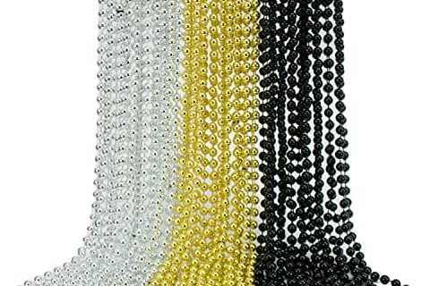 GIFTEXPRESS 72 pack of 33″ Mardi Gras Beads Necklace, Metallic Black Gold Silver Beaded Necklace,..