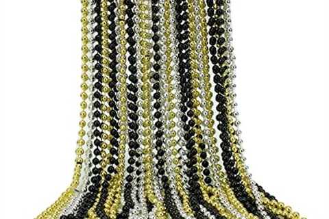 GIFTEXPRESS 72 pack of 33″ Mardi Gras Beads Necklace, Metallic Black Gold Silver Beaded Necklace,..