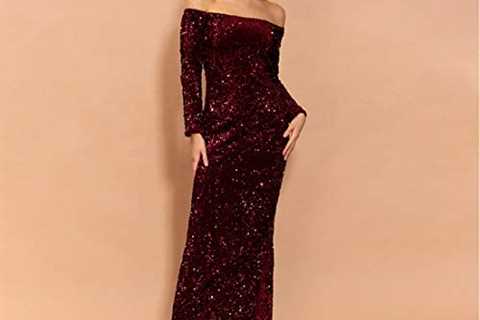 V/A Women Off Shoulder Long Sleeve Backless Floor Length Sequin Wedding Evening Party Maxi Dress