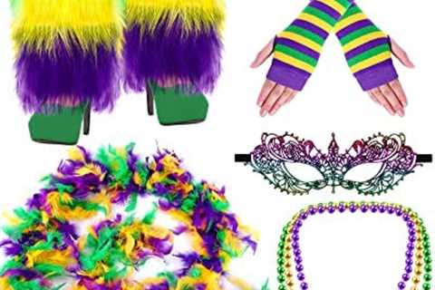 5 Pieces Mardi Gras Accessories Set Include Mardi Gras Leg Warmer Covers Feather Boas Beads..