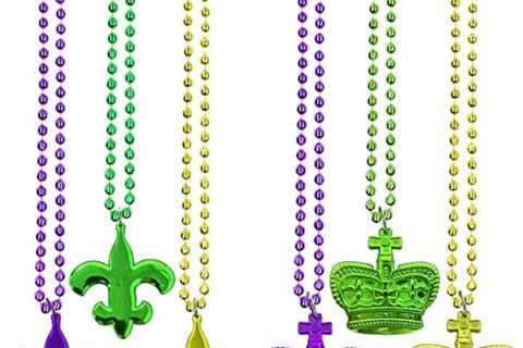 6 Pack Mardi Gras Bead Necklaces with Crown Pendant and Fleur De Lis Gras Flower Pendant for Mardi..