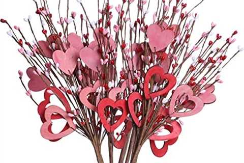 Yawwind 6 Pack Valentine’s Day Picks,Valentine’s Day Gifts Pink Red Berry Stems with Wooden Hearts..