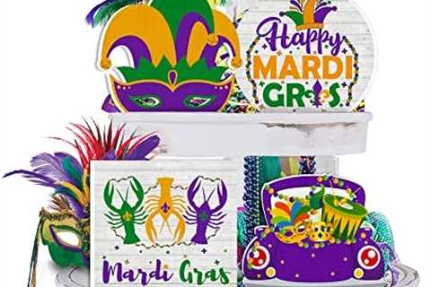 4 PCS Mardi Gras Tiered Tray Decor (Tray Not Included) – Mardi Gras Wooden Sign Decorations Crown..