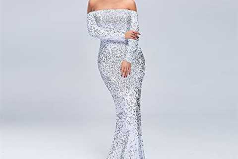 V/A Women Off Shoulder Long Sleeve Backless Floor Length Wedding Evening Party Sequin Maxi Dress