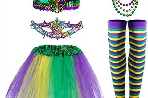 7 Pieces Mardi Gras Costume Accessory Set Tutu Skirt, Faux Feather Half Mask,Mardi Gras Beads,Long..