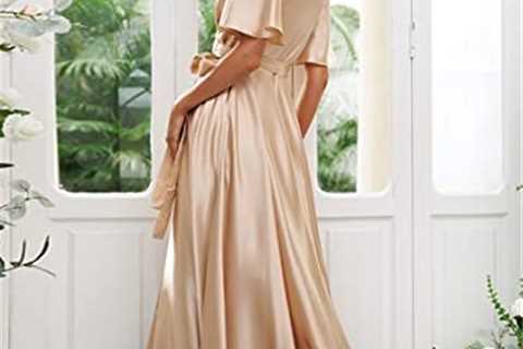 YMSHA Pleated V Neck Satin Bridesmaid Dresses with Sleeves Side Slit Formal Party Dress YMS170