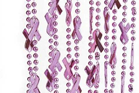 Pink Ribbon Breast Cancer Awareness Beaded Necklaces (24 pack) Bulk Mardi Gras Beads