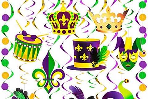 36Pcs Mardi Gras Hanging Decorations – Mardi Gras Garland Crown Mask Sign for Masquerade Party..