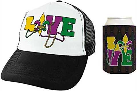 Mardi Gras Hat Louisiana Love Fleur-de-lis Gift Mardi Gras Parade Trucker Hat & Coolie Bundle