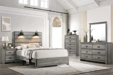 B6820 4 pc A & J Homes studios carter weathered grey finish wood panel headboard with lights queen..