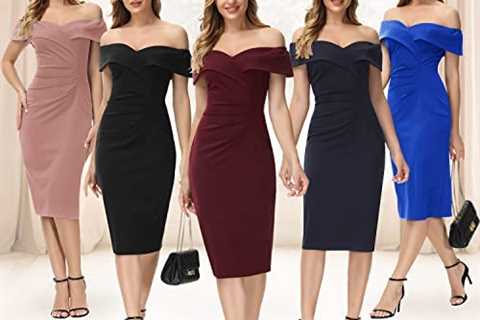 JASAMBAC Women’s Off Shoulder V Neck Ruched Bodycon Midi Elegant Cocktail Party Dress Wedding Guest ..