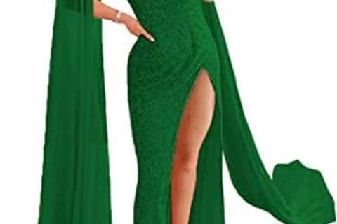 TRHTX Mermaid Sequin Prom Dresses with Chiffon Cape Long V Neck Formal Dresses Bodycon Side Split..