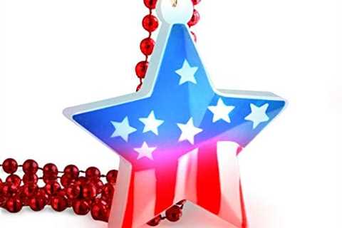 FlashingBlinkyLights Light Up American Flag Star on Mardi Gras Bead Necklace (Set of 12)