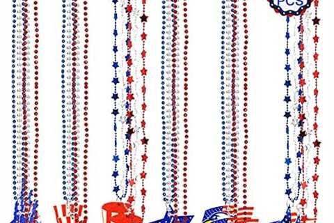 18 Pcs Patriotic Star Bead Necklaces, 4th of July Bead Necklace American Flag Hat Pendants Medal..