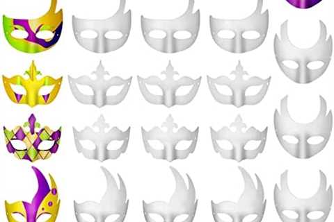 Deekin 24 Pcs DIY Mardi Gras Mask with 24 Paint Brushes White Unpainted Masquerade Masks Half Face..