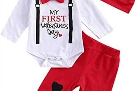 Kuriozud Baby My First Valentine’s Day Outfits Long Sleeve Romper Bodysuit Top Pants Hat 3 Piece..