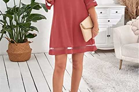 LookbookStore Women Casual Crewneck Mesh Panel 3/4 Bell Sleeve Loose Tunic Dress