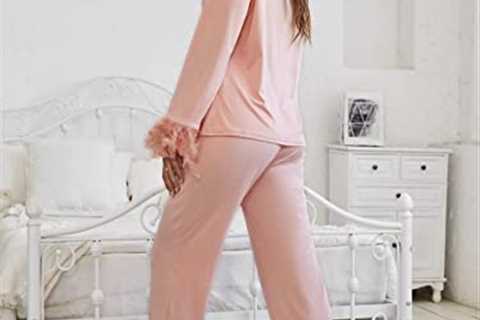 WDIRARA Women’s Sleepwear 2 Piece Fuzzy Trim Button Down Long Sleeve and Pants Pj Set