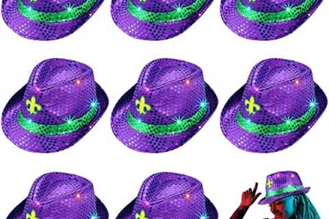 8 Pieces Mardi Gras Sequin Light Up LED Fedora Hat, Flashing Cowboy Hat