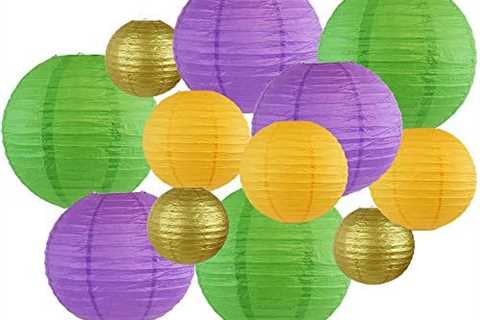 Just Artifacts 12pcs Assorted Round Mardi Gras Hanging Paper Lanterns (Fat Tuesday)