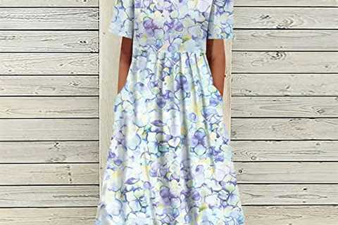 Women’s Floral Print Short Sleeve A Line Midi Dress Casual Loose Crew Neck Dress with Pockets