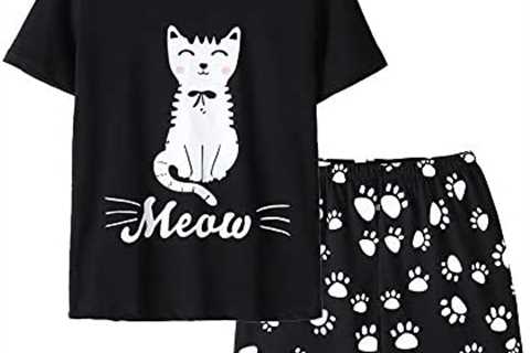 Vopmocld Big Girls Summer Short Sleeve Pajama Sets Cute Cat Patterns Sleepwear Nighty 100% Cotton