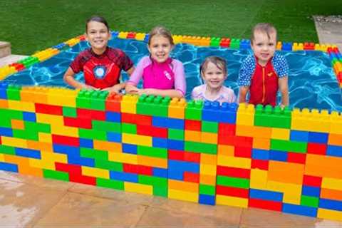 Five Kids How to Swim in the Kids Pool and Plays with Fun Water Toys