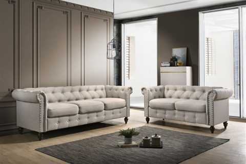 9105-2PC 2 pc Rosdorf park cordova beige tufted linen like fabric sofa and love seat set nail head..